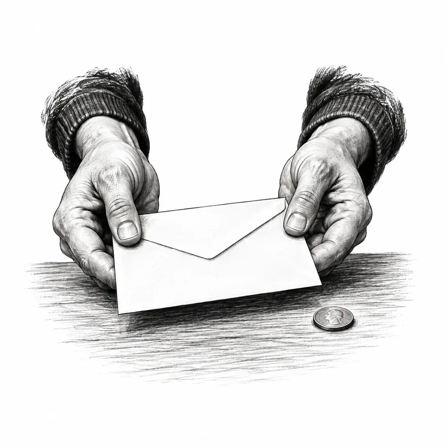 Black ink drawing of hands offering an envelope and a coin.