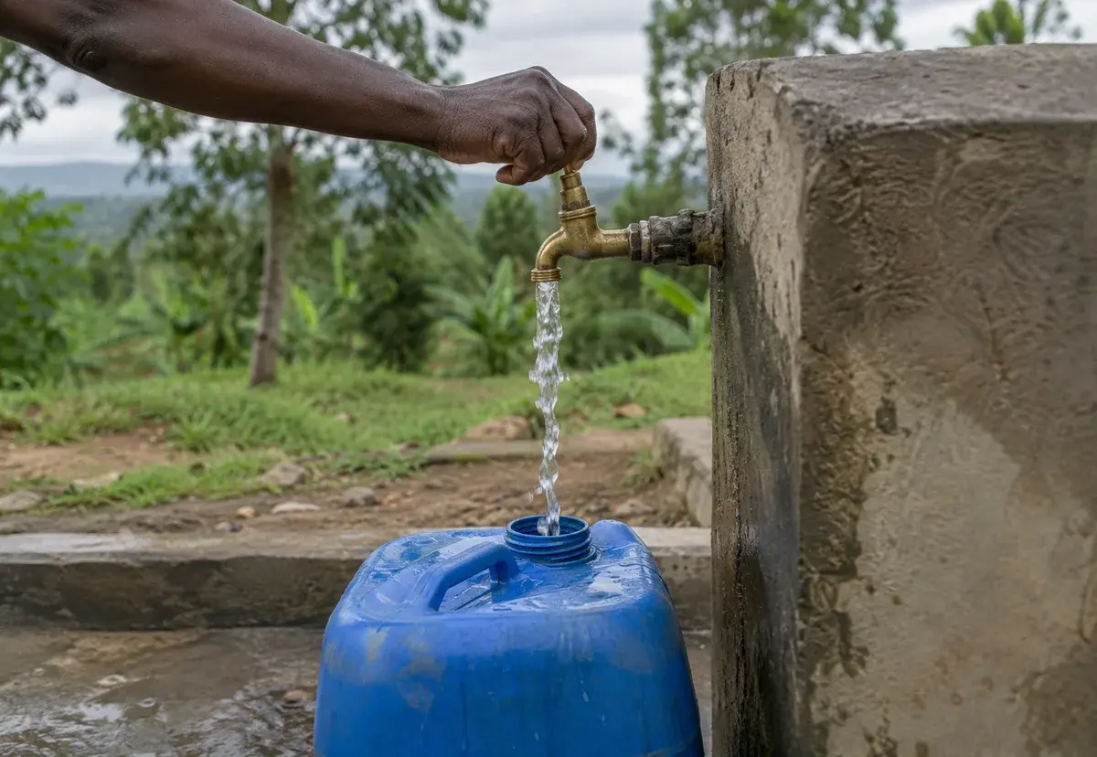 Water flowing from a community tap into a reusable container.