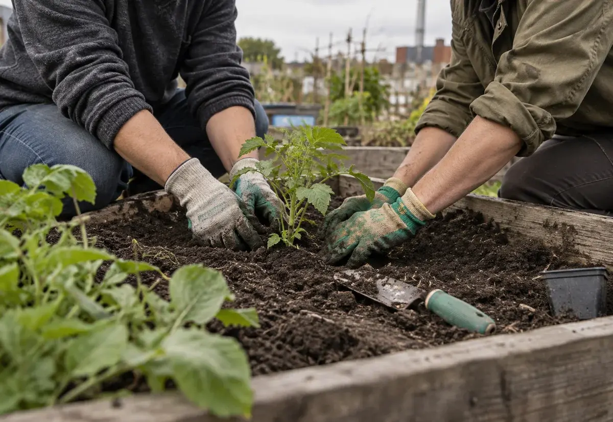 Neighbours planting vegetables in a community garden.
