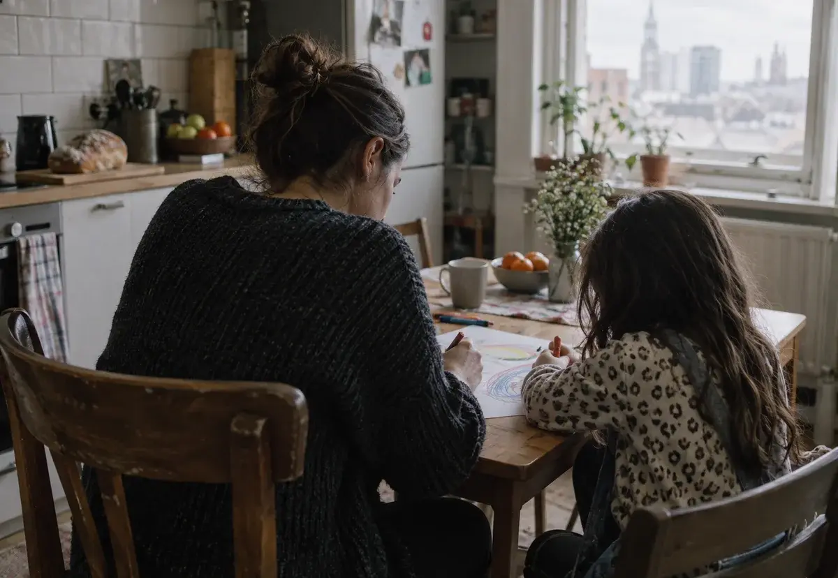 A parent and child drawing together at their kitchen table.