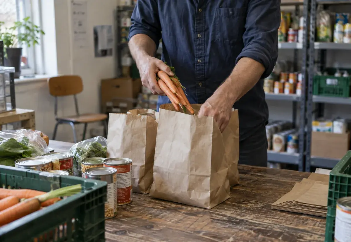 A volunteer packing fresh food in a community pantry.