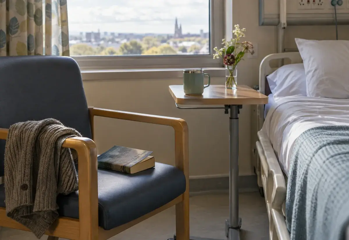 A cup of tea, book and cardigan beside a hospital bed.