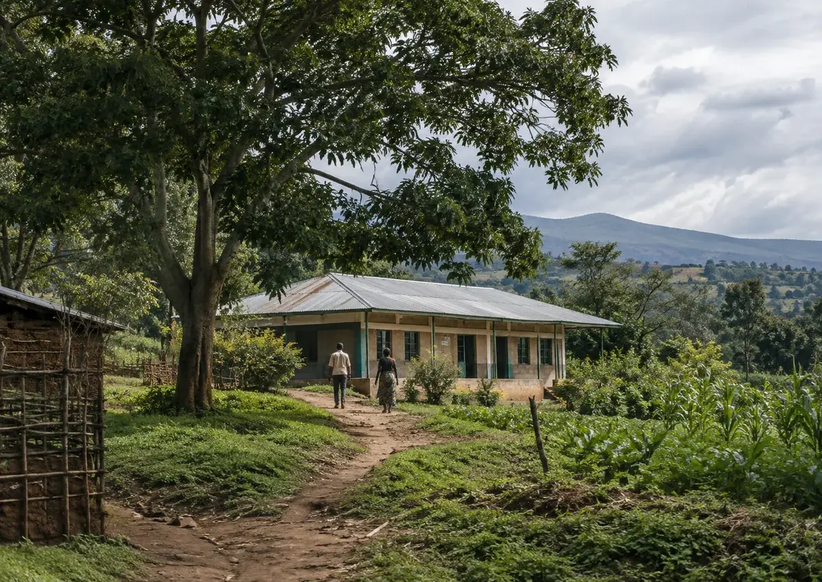A rural community building beside a tree and cultivated plots.